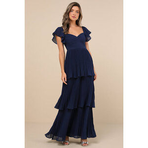 Lulus Notorious Charm Navy Blue Pleated Flutter Sleeve Maxi Dress - Size L